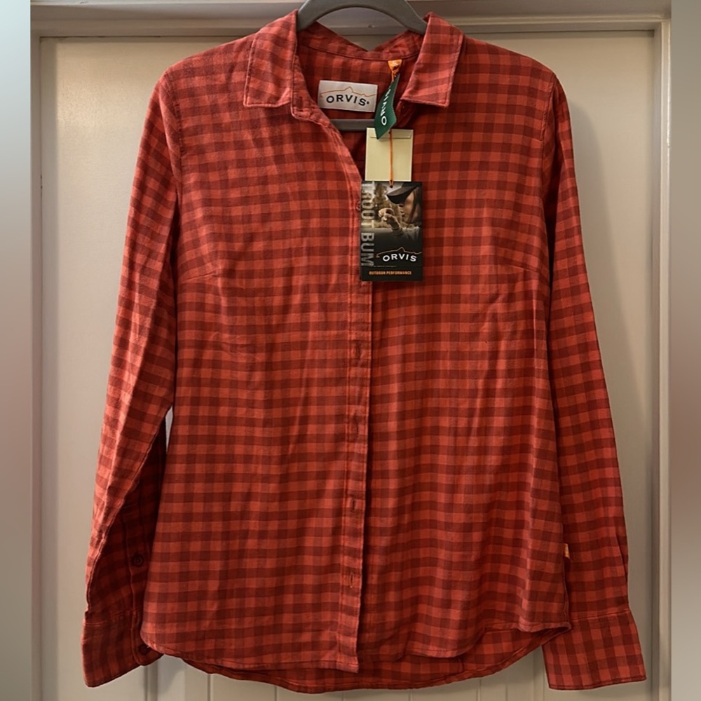 ORVIS women’s tech check plaid in the color “spice”